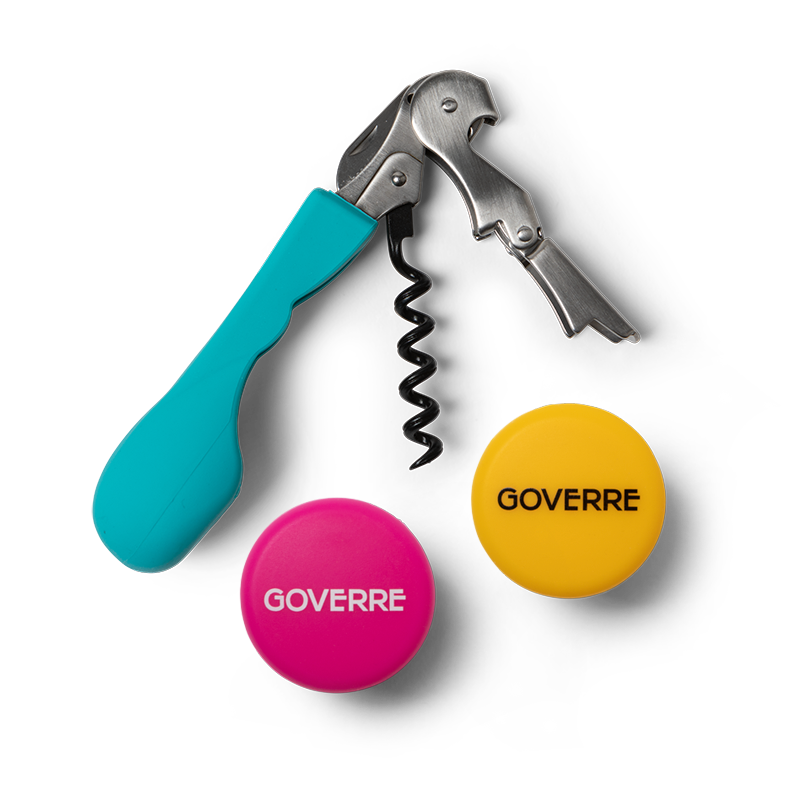 Corkscrew with its Ergonomic silicone handle in our GOVERRE signature Turquoise color feels great in the hand; the shape and material make it comfortable to use without risk of pain or fatigue.  The two wine bottle stopper caps provide airtight seal to any bottle of wine to preserve the taste. Each wine cap/stoppers features our GOVERRE logo and come in our classic colors Turquoise, Hot Pink, Grey and Yellow. They are made of 100-percent silicon and are kitchen and food grade safe.